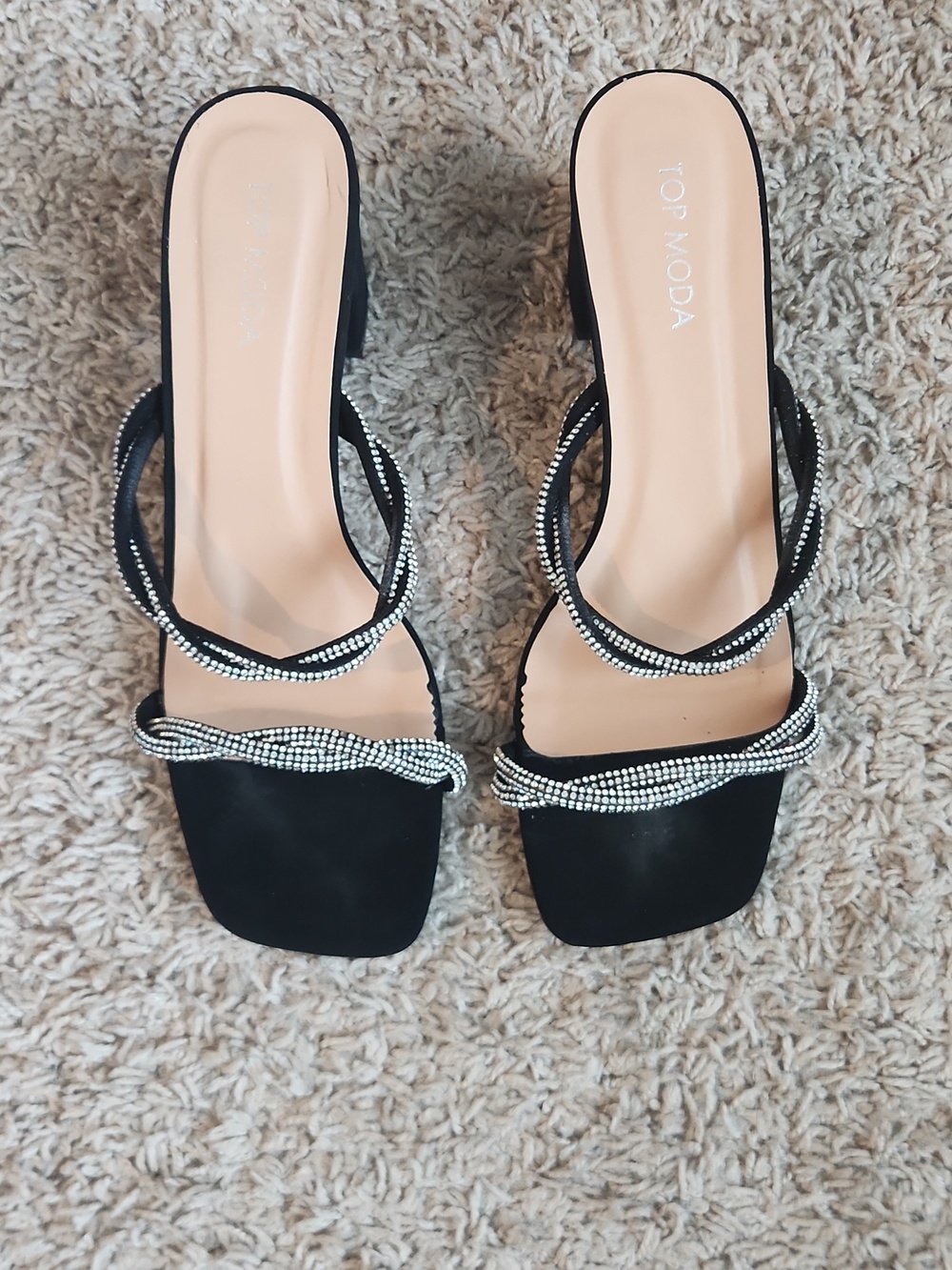 Top Moda Black Velvet Heels With Diamond Accents